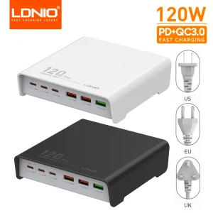 LDNIO 120W 6 Ports USB C PD Tablet Laptop Fast Charger Multi-port High Power Desktop Charger US EU UK Plug Charger Adapter Q605