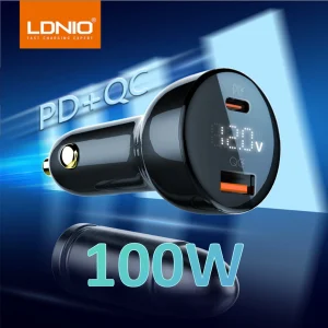 LDNIO 100W Super Fast USB Car Charger Dual Ports Type C PD QC LED Car Adapter for Laptop iPad iPhone 15 14Xiaomi Huawei Samsung