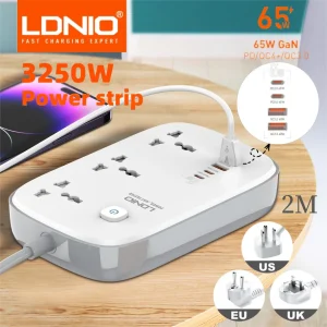 LDNIO Universal Power Strip with 65W USB Charger 3250W Extension Cable Network Filter Surge Protector EU Plug Socket